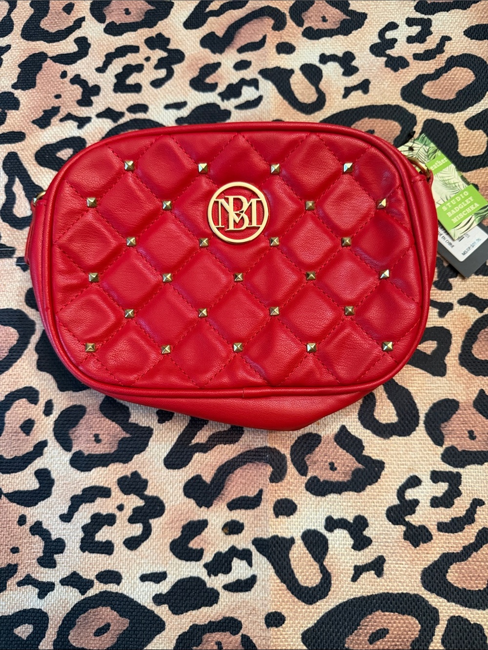 Badgley Mischka Quilted Red Crossbody with Gold Logo Studs